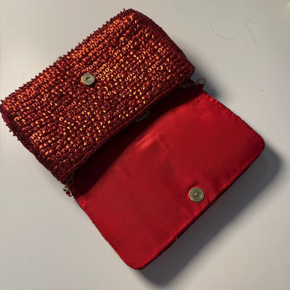 La Regale Vtg Red Beads Sequin Clutch Evening Bag Glam Wedding Guest Bridal Gala
